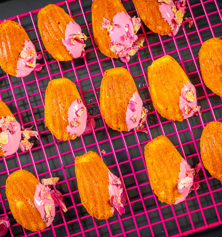 Lychee Madeleines with Hibiscus Tea Glaze and Dried Rose Petals