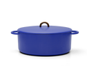 Enameled cast-iron Dutch oven in blueberry blue - side view with lid